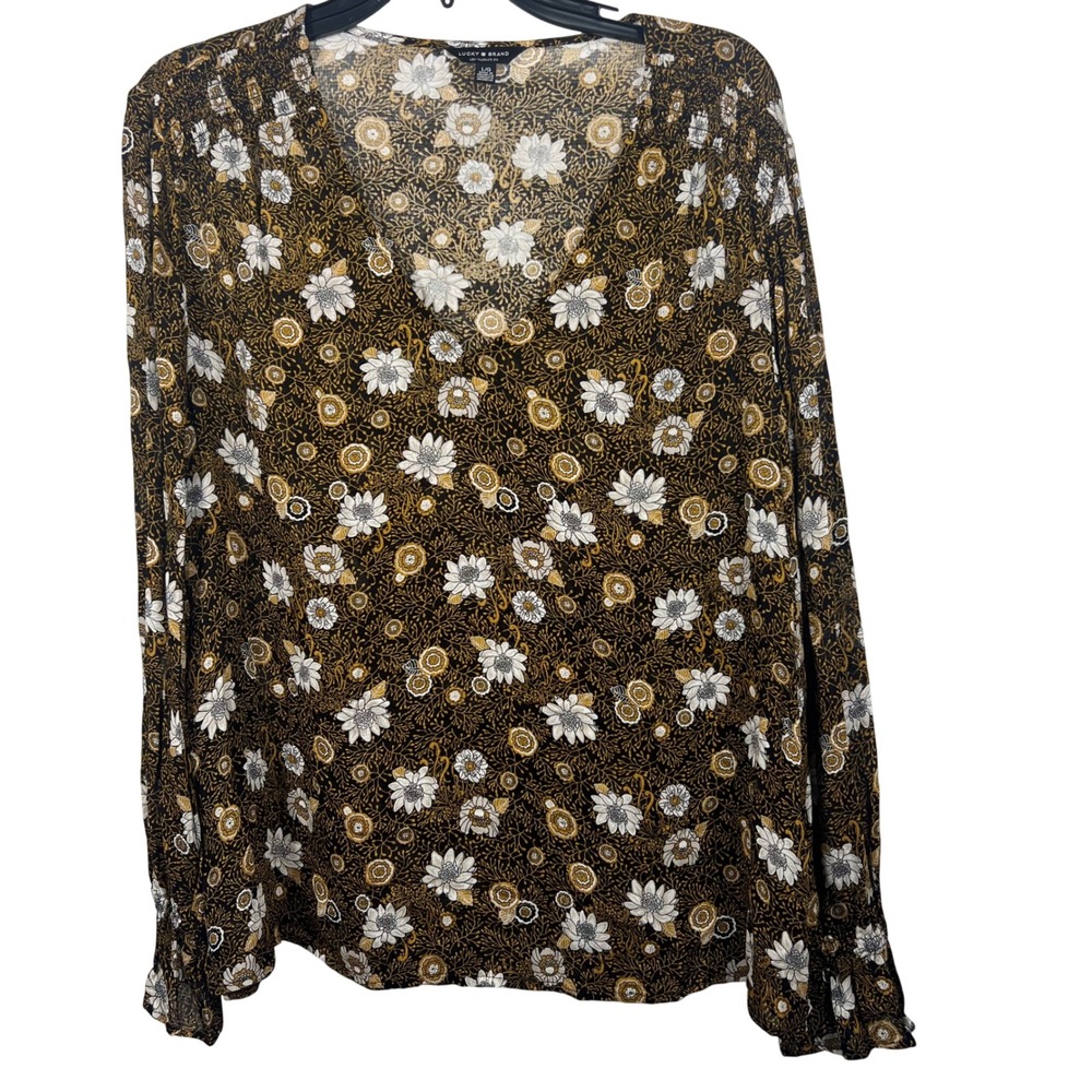 Lucky Brand Womens Floral V-Neck Smocked Long Sleeve Blouse Black Mustard Large